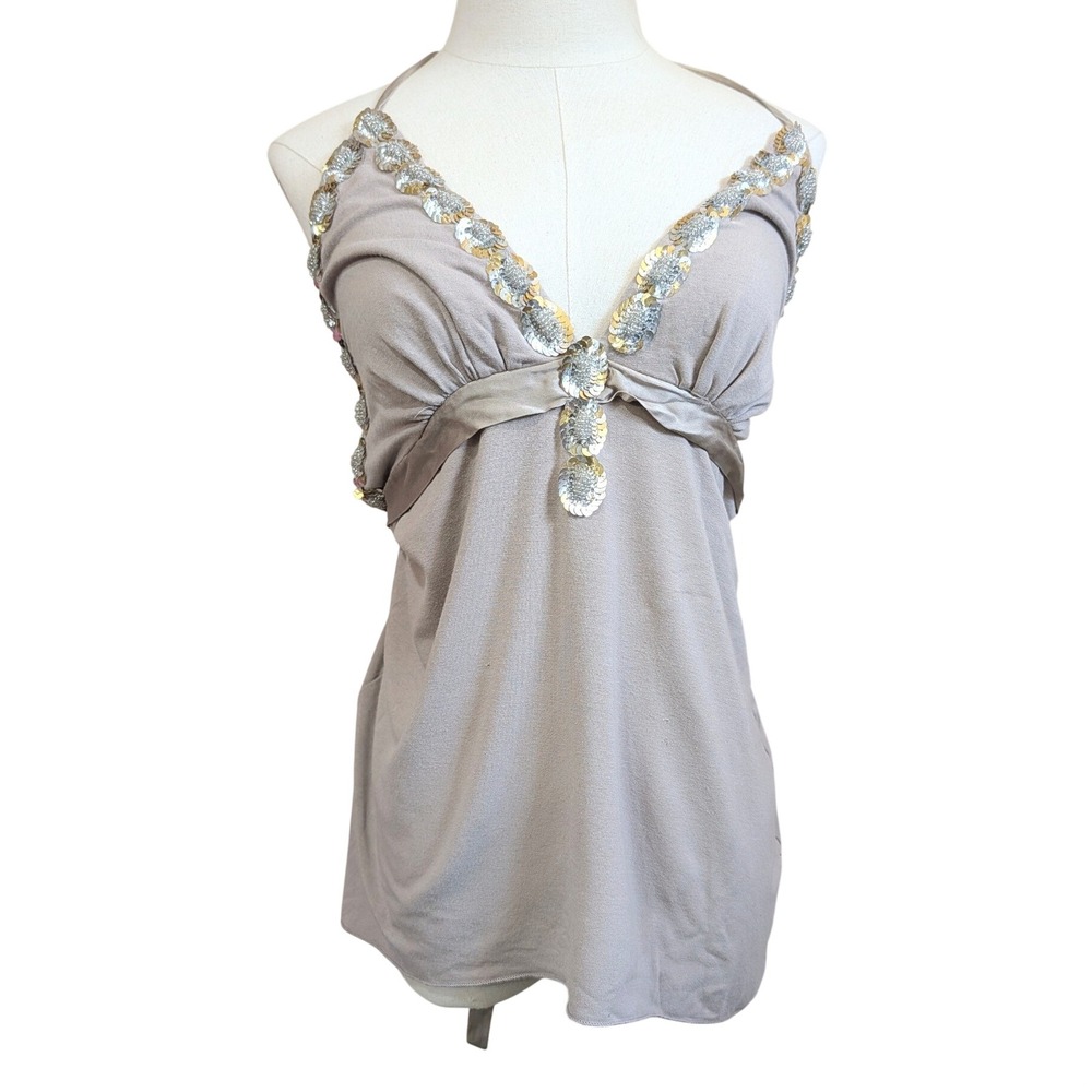 Y2K Arden B Women Taupe Sequin Halter Top Babydoll Boho Indie